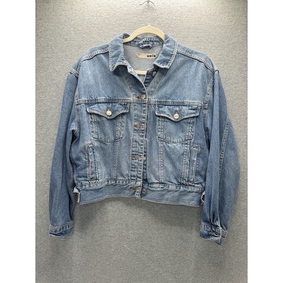 TOPSHOP MOTO MEDIUM WASH WOMEN'S DENIM TRUCKER JEAN JACKET Sz US 6 INNER POCKETS - Picture 1 of 13